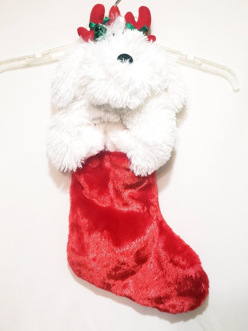 DanDee White Puppy Dog 3D Christmas Stocking Velvet 23" Jingle Bells Reindeer